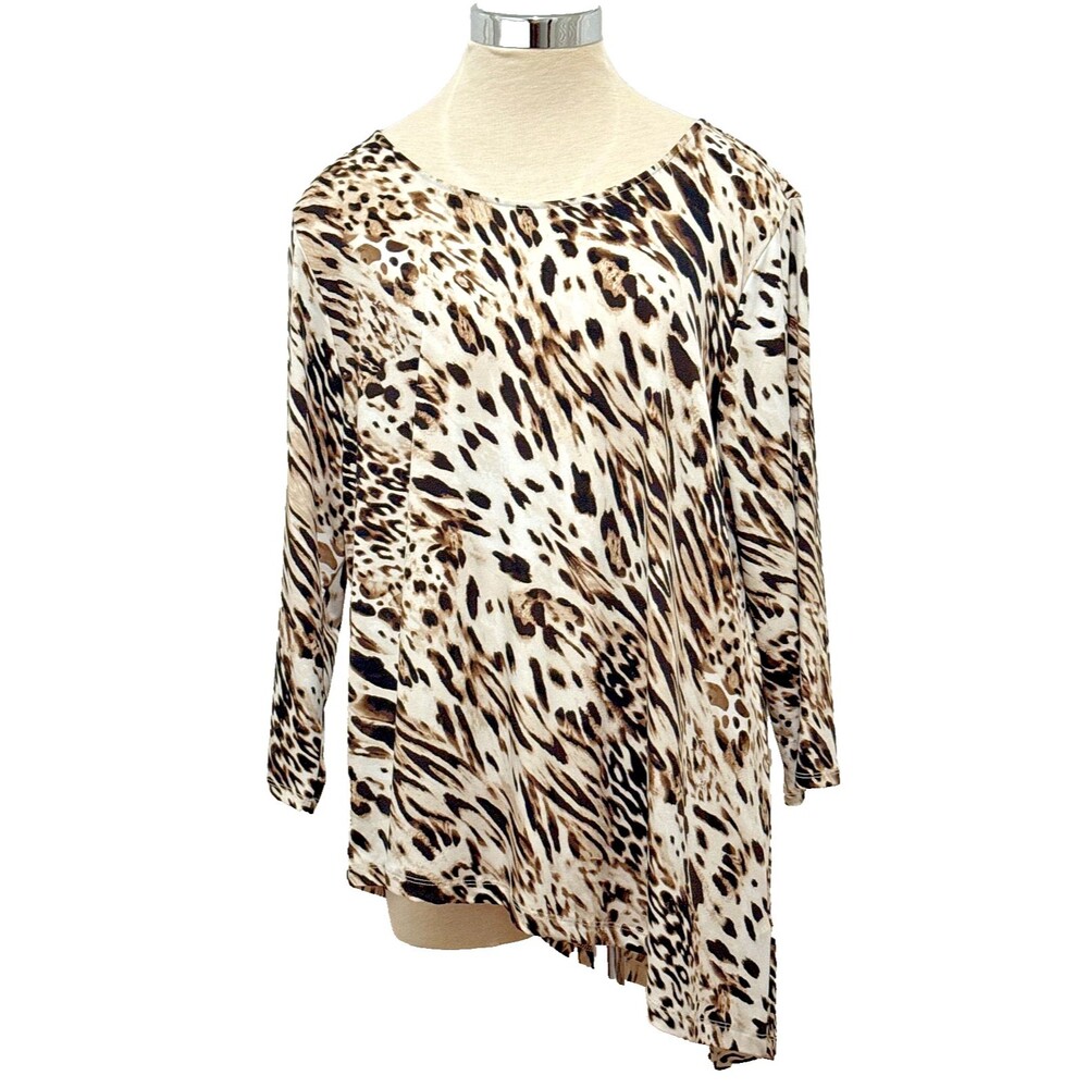 CHICOS Sz. 3 Animal Print Asymmetrical Hem Black Tan Cream Stretch Tunic Top